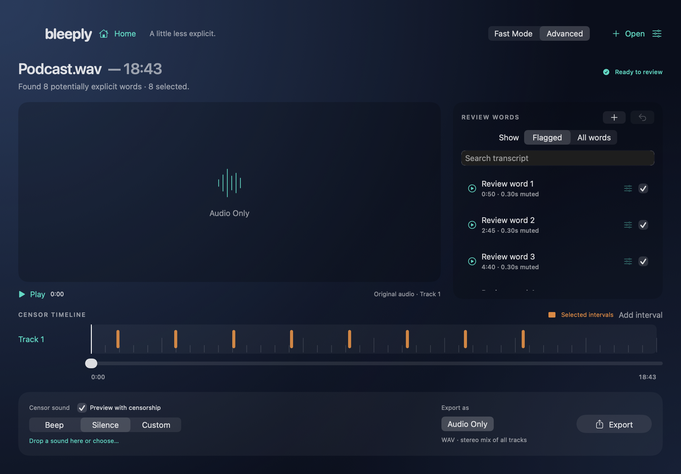 Bleeply audio editor showing detected words, a censorship timeline, and beep, silence, or custom sound options