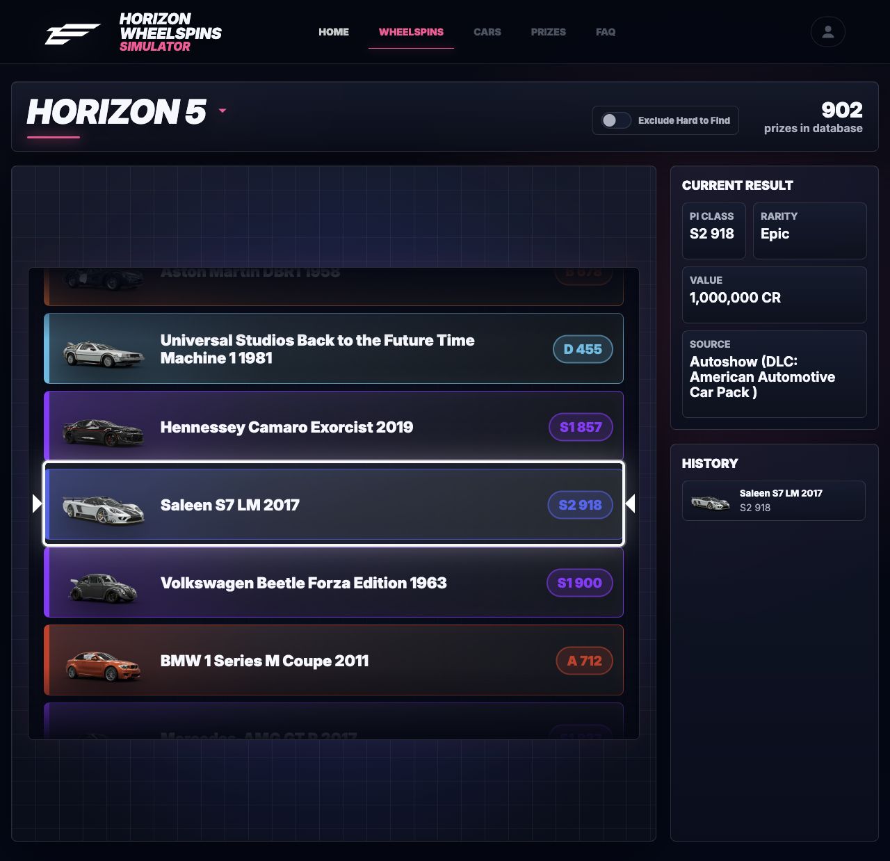 Horizon 5 Wheelspins Simulator showing the car selection wheel, a Saleen S7 LM result, and spin history
