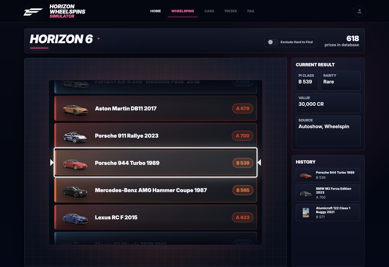 Horizon 6 Wheelspins Simulator showing the car selection wheel, current result, and a history of three spins